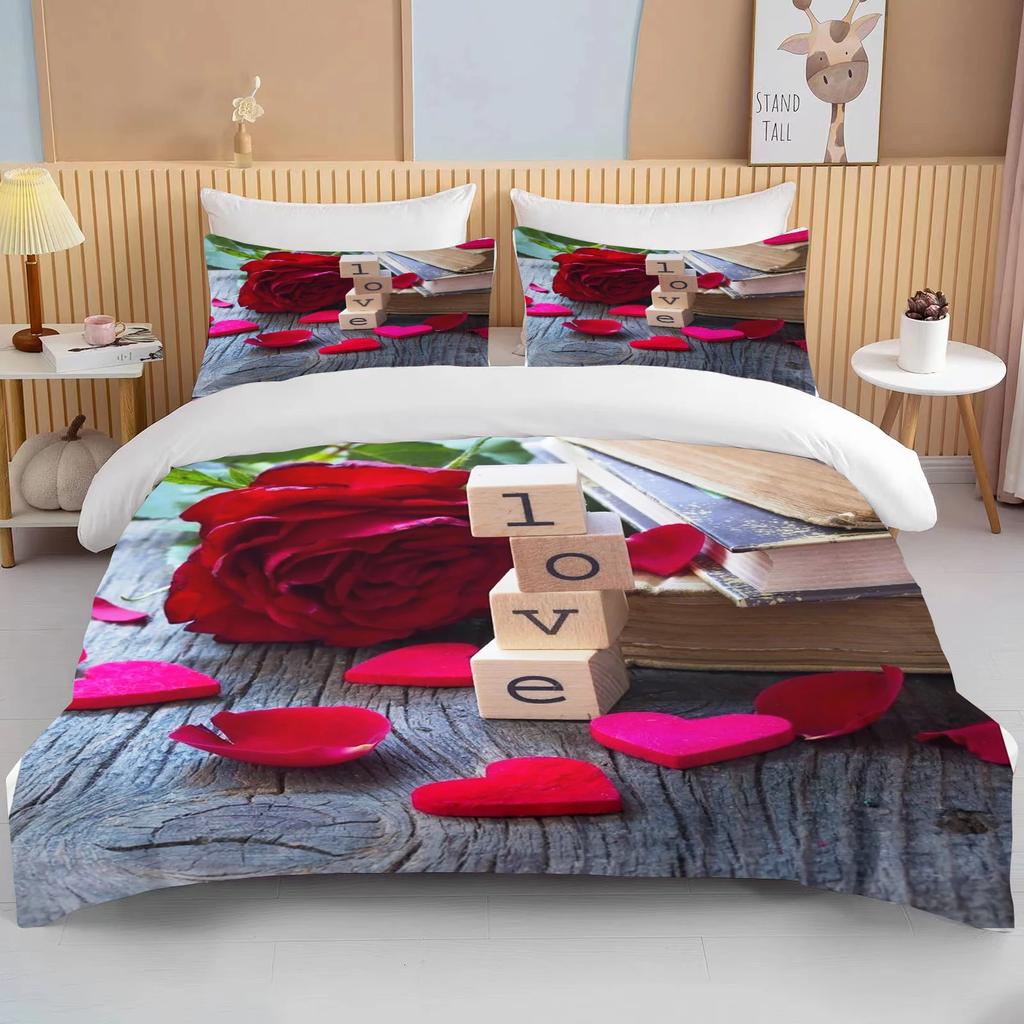 Comforter Love Heart Valentine'S Day Red Pink Rose Flower 3D Bedding Set Comforter For Couple Twin Queen King