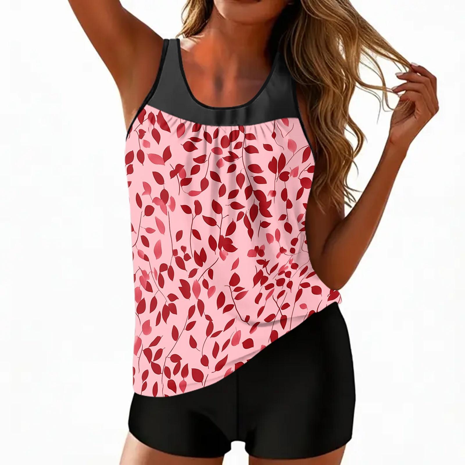 

Women’s Printed Tankini Top and Shorts Two Piece Swimsuit with Leaf Pattern Sleeveless Design for Beach or Pool Wear M розовый