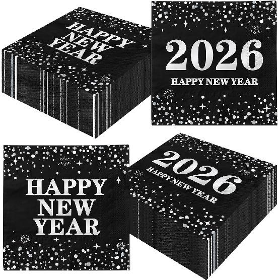 48Pcs Black and Gold New Years Napk Paper, Polka Dot New Years Eve Party Supplies 2026 Black and Gold Napk Nye Decorations for Holiday Birthday