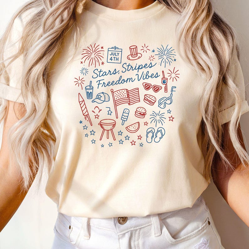 4th of July Comfort Colors T-Shirt: Patriotic Doodle Tee S