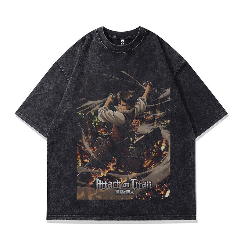 Summer New Japanese Street Retro Cartoon Direct Injection Printing Washed Loose Cotton Short-Sleeved T-Shirt For Men And Women