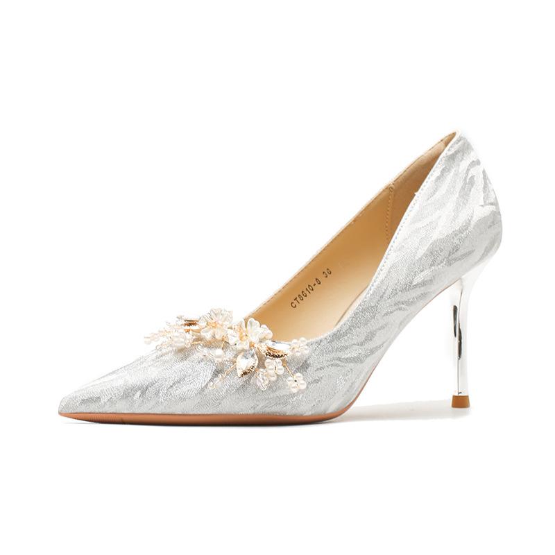 860-6 High Heels Women's Stiletto 2025 New Crystal Bridal Wedding Shoes Pointed Wedding Dress Xiuhe Shallow Mouth Single Shoes