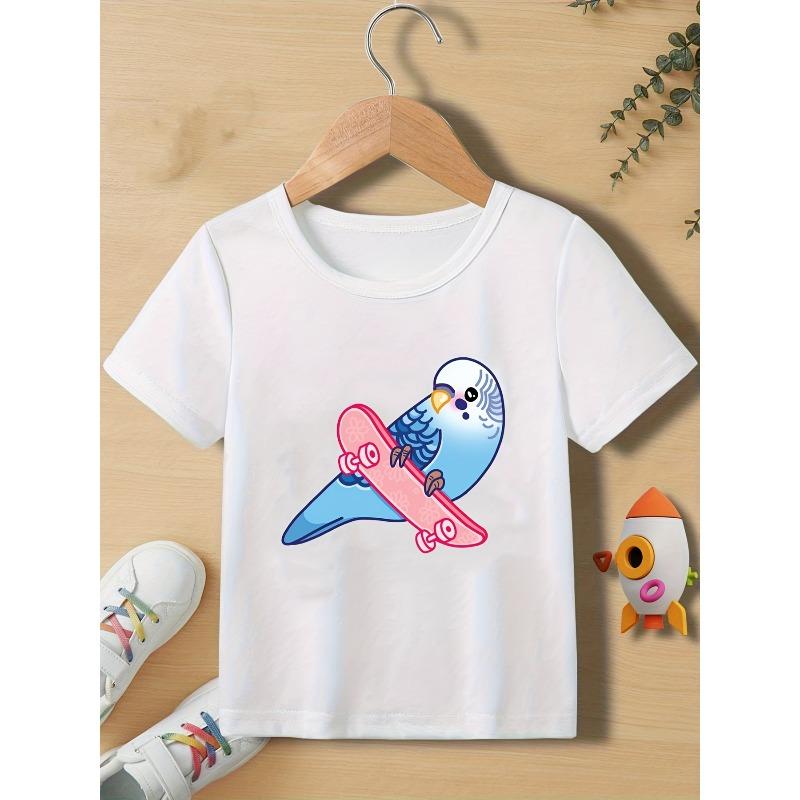 Kids Crew Neck Short Sleeve T-Shirt with Cartoon Bird and Scooter Print 110 белый