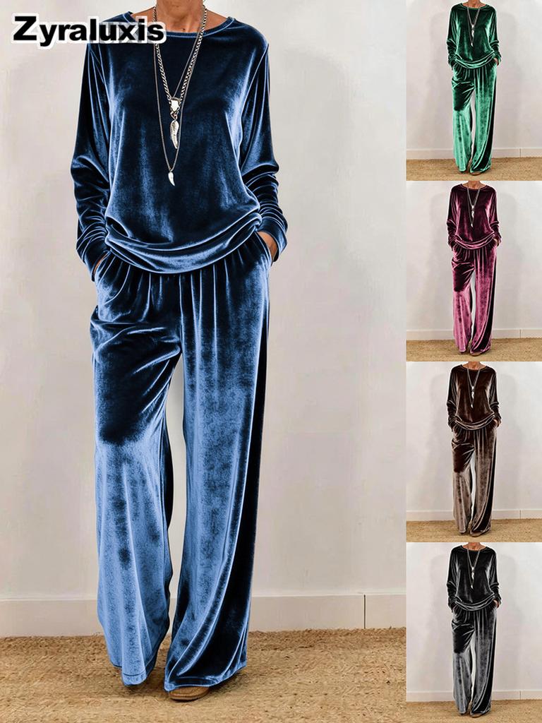 Nuovo Set Casual da Donna Girocollo Manica Lunga Taglie Forti Velluto Multicolore