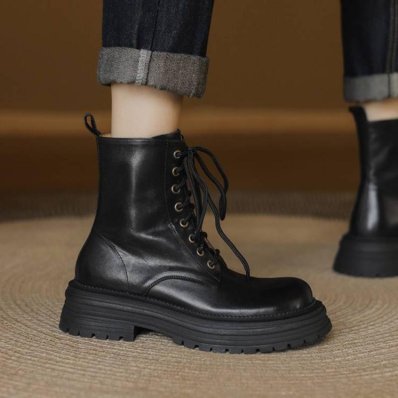 Neue runde Zehenpartie mittlerer Absatz große Größe Ritterstiefel Leder bequem dicksohlige Schnürstiefel Damen Herbst und Winter Rindsleder mittelhohe Stiefel Damen