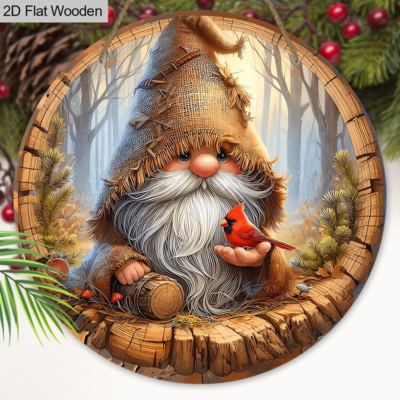 Cardinal Wooden Christmas Sign with Adorable Gnome Pattern - Navidad Round Sign for Front Door, Wall Hanging Decor - Ideal Christmas Decoration