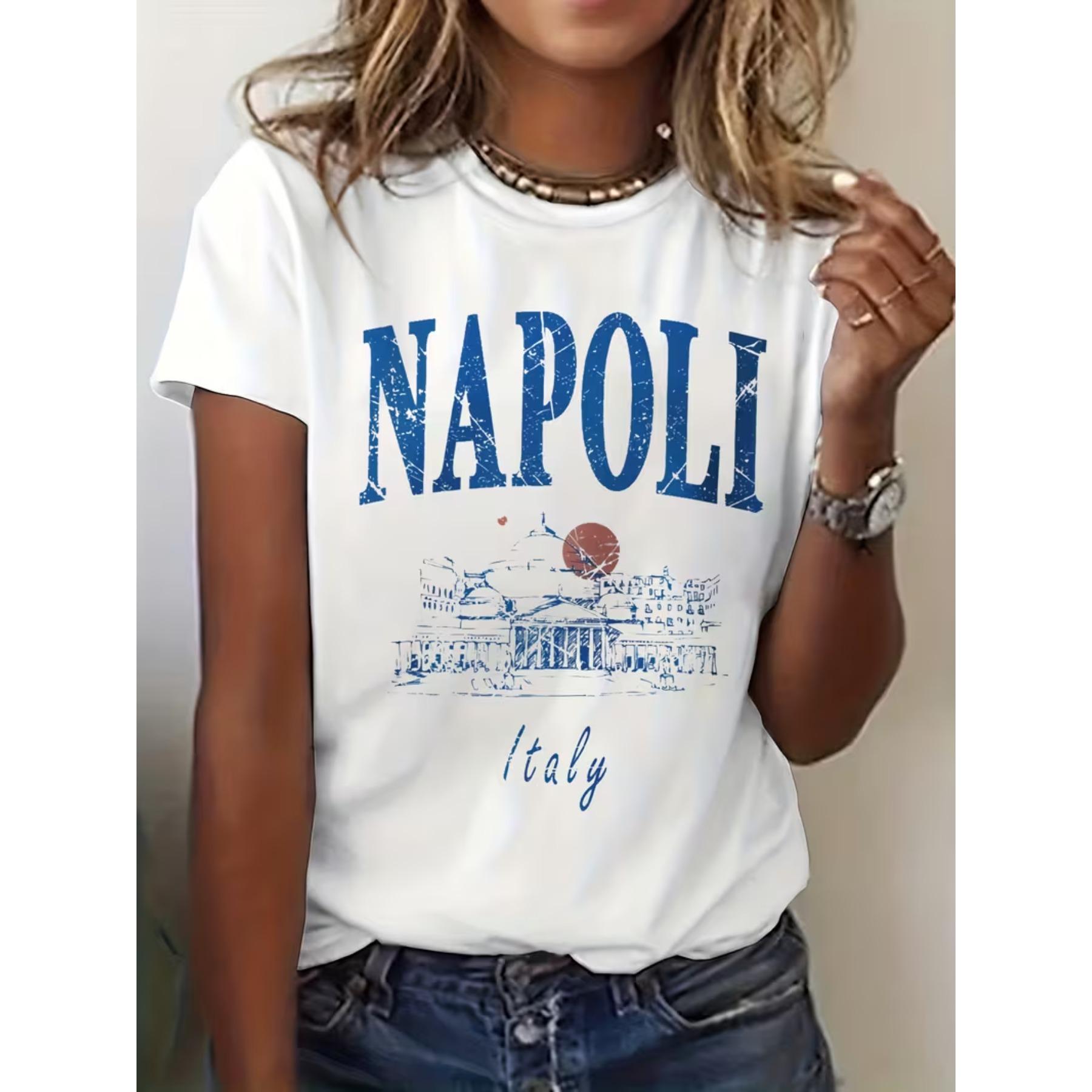 

Italy Napoli City Naples Aesthetic Graphic Print T-shirt, Short Sleeve Crew Neck Casual Top for Summer & Spring XXL білий