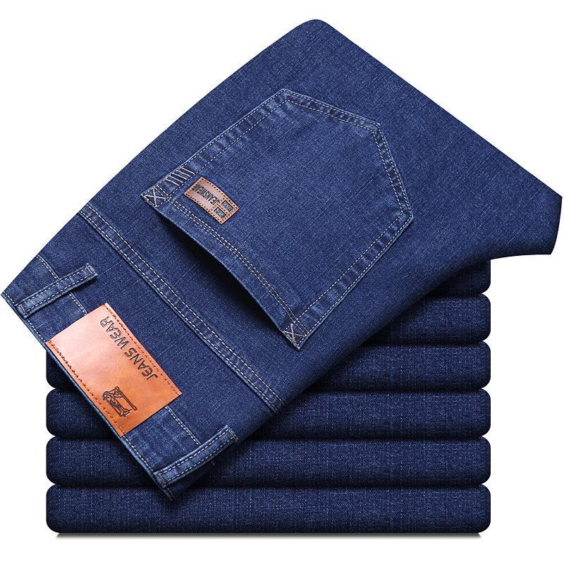 Men's Summer Ice Silk Thin Straight Loose Jeans, Elastic Business Casual Pants