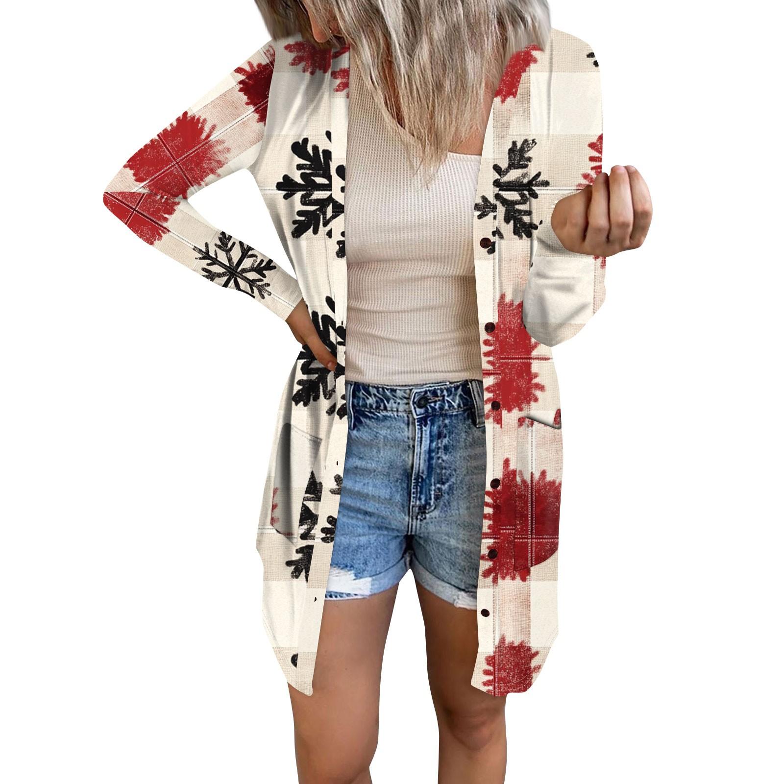 

Женский повседневный кардиган с длинным рукавом и рождественским принтом с карманами XXXXXL бежевый