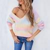 Women's Fashion Rainbow Patchwork Tie-Dye V-Neck Pullover Casual Knitted Sweater