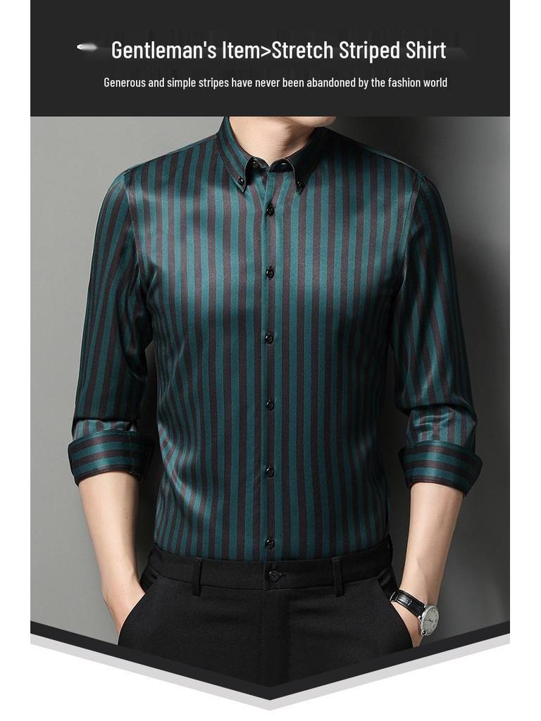 Herren 2618 Gestreiftes Stretch Knitterarmes Freizeit Langarmhemd für Alle Jahreszeiten