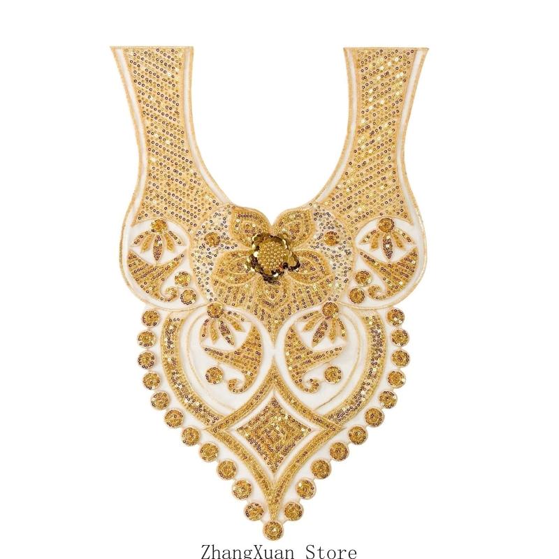 Aplikacja z haftowanych koralików na suknię ślubną, suknię wieczorową, naszywki do przyszycia na kołnierz, koralikowe cekiny, naszywki do przyszycia, aplikacja