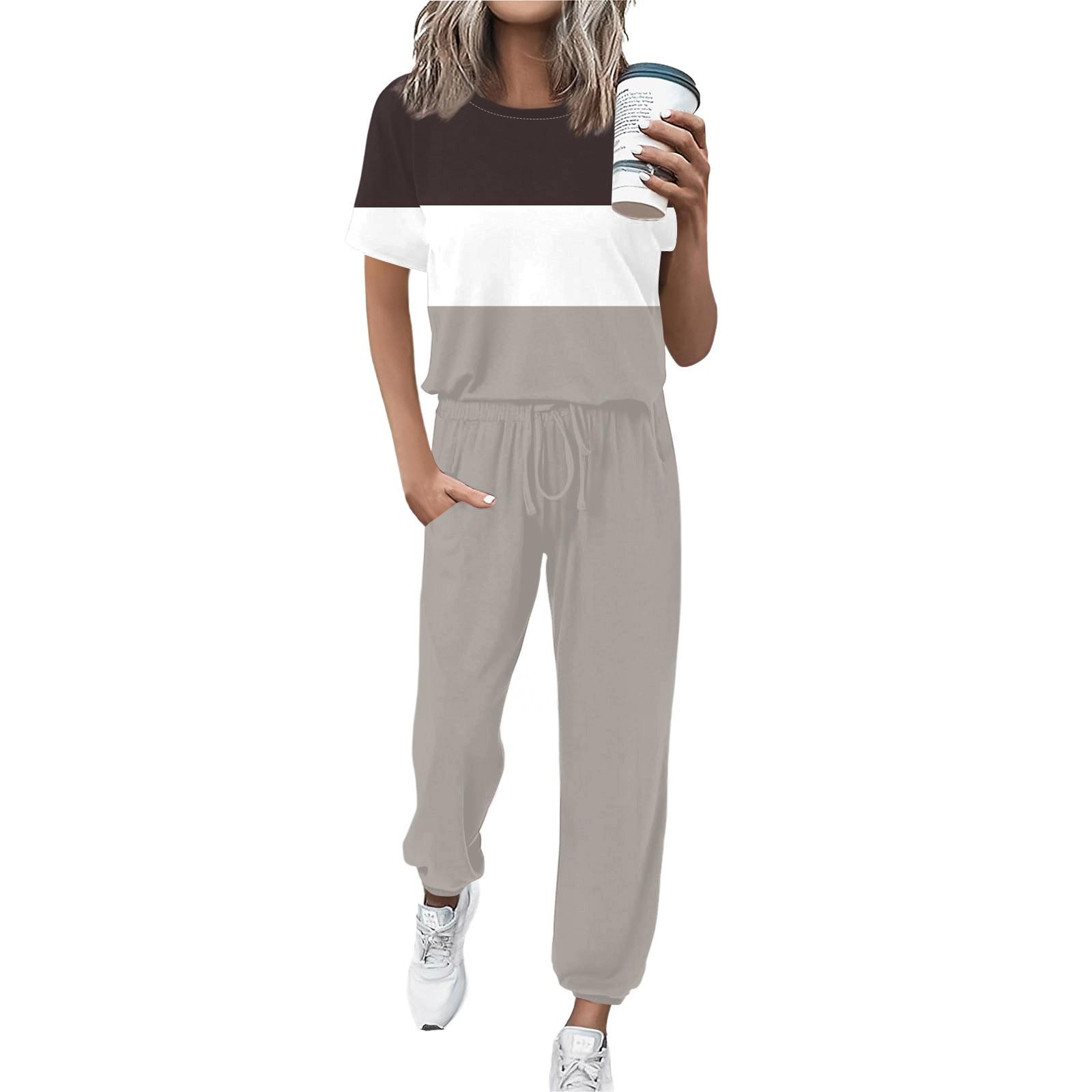 

Женский спортивный костюм с круглым вырезом и коротким рукавом, свободные брюки M светло-серый