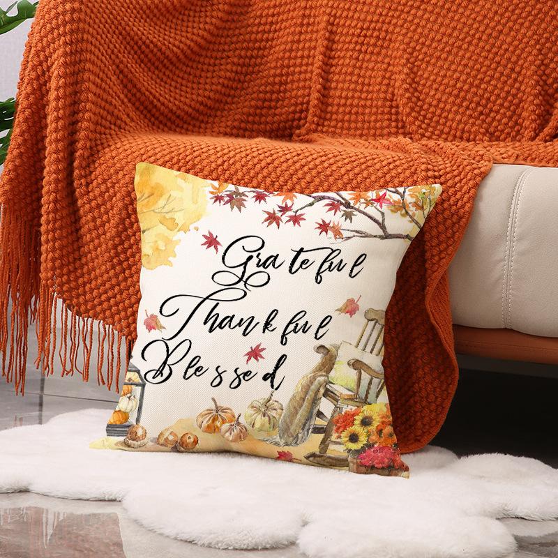 Autumn Maple Leaf Printed Cushion Cover Harvest Festival Farmhouse Decor Sofa Cushion Cover Linen Letter Print Cushion Cover