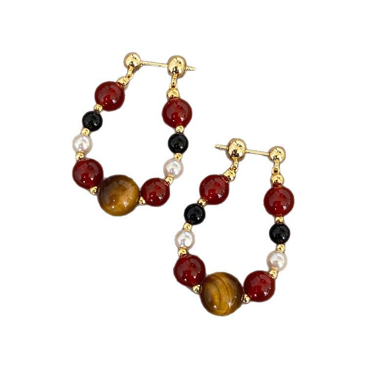 Merade Silver Needle Black Agate Tiger Eye Pearl Stud Earrings - Retro Light Luxury Design