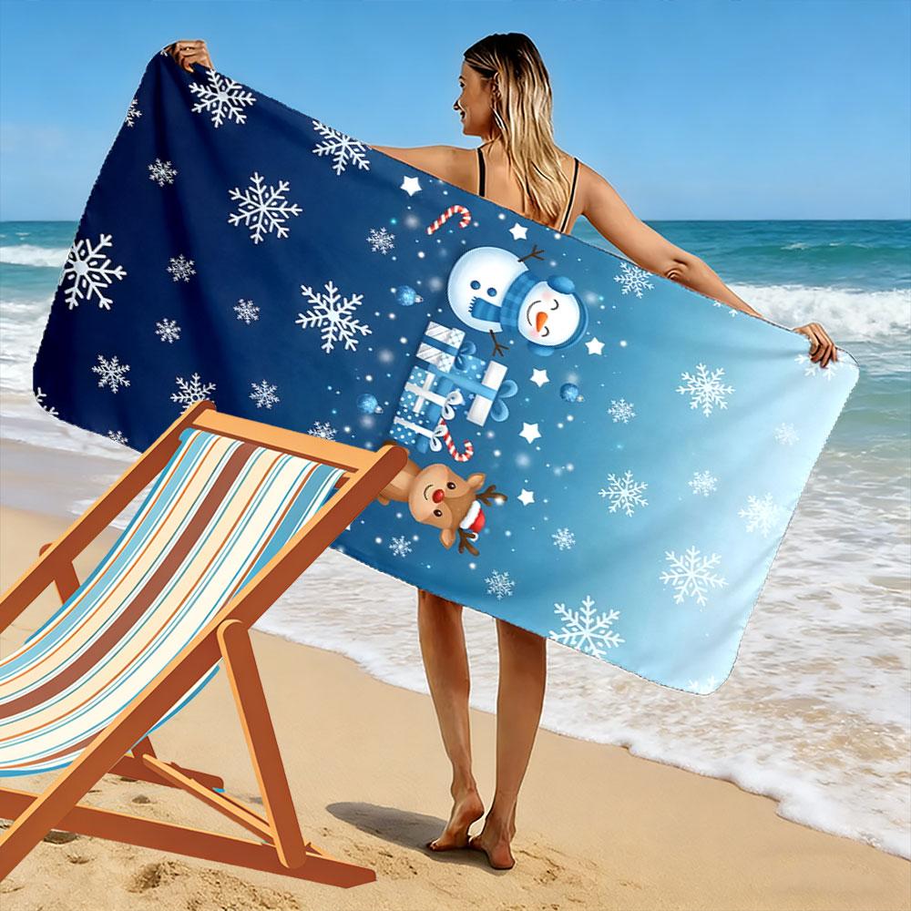 Snowflake and snowman patterned beach towel, quick-drying, suitable for travel, outdoor sports, jogging, the beach, and swimming, perfect for gifting