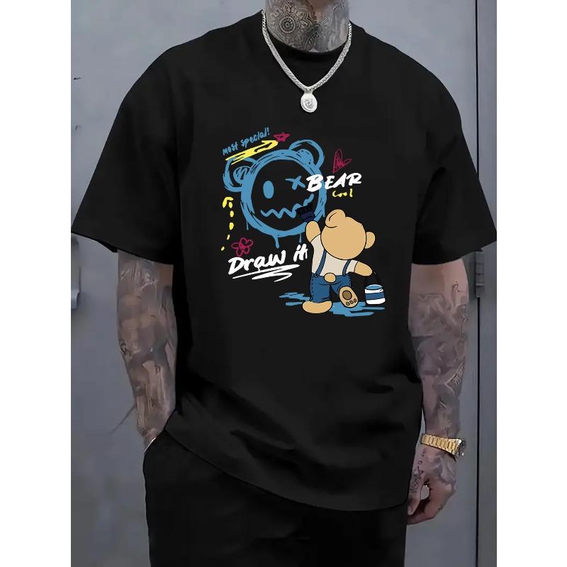 European Size Men'S T-Shirt, Plus-Size Fashionable Casual Short-Sleeve Shirt Featuring a Bear Print, Soft And Breathable, Suitable for Daily Wear