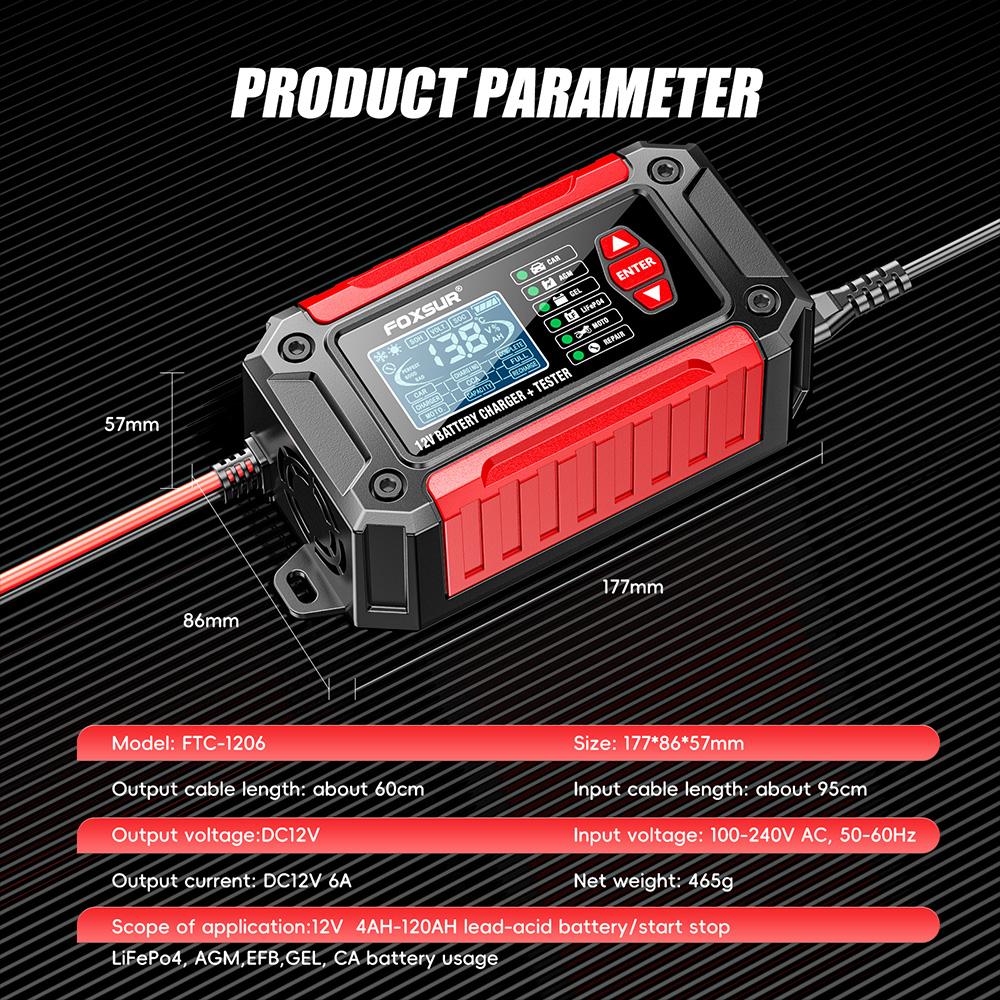 Car Battery Charger 12V 2 In 1 Smart Battery Tester Charger for Motor Car Repair Mode LCD Display AGM LiFePO4 Lead Acid