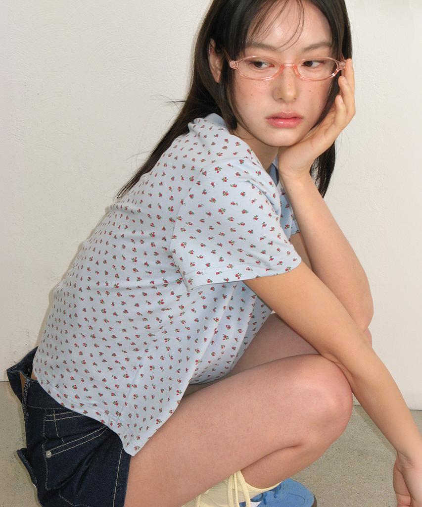 RONRON Floral Mini Label Crop Short Sleeve Soft Blue