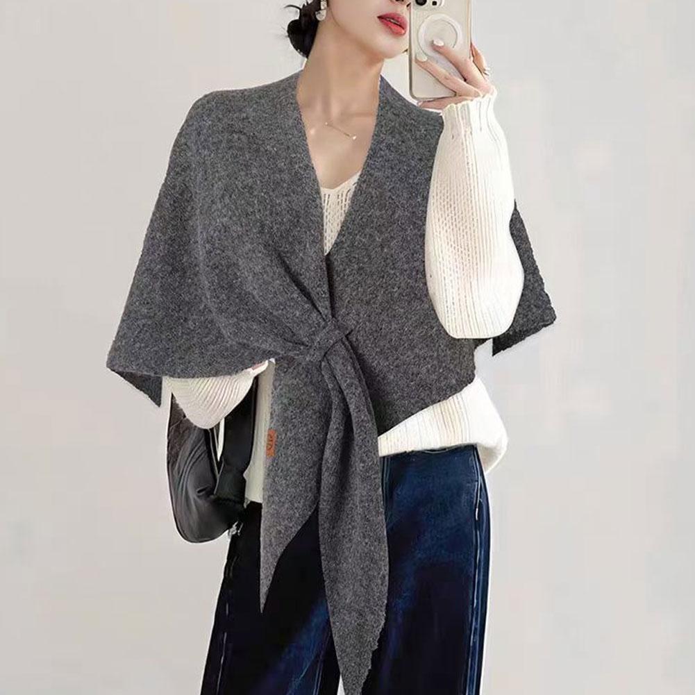 Winter Warm Shawl Wraps for Women Knitted Solid Color Knotted Cardigan Cape Soft Triangle Scarf Wrap Travel Elegant Tops Poncho