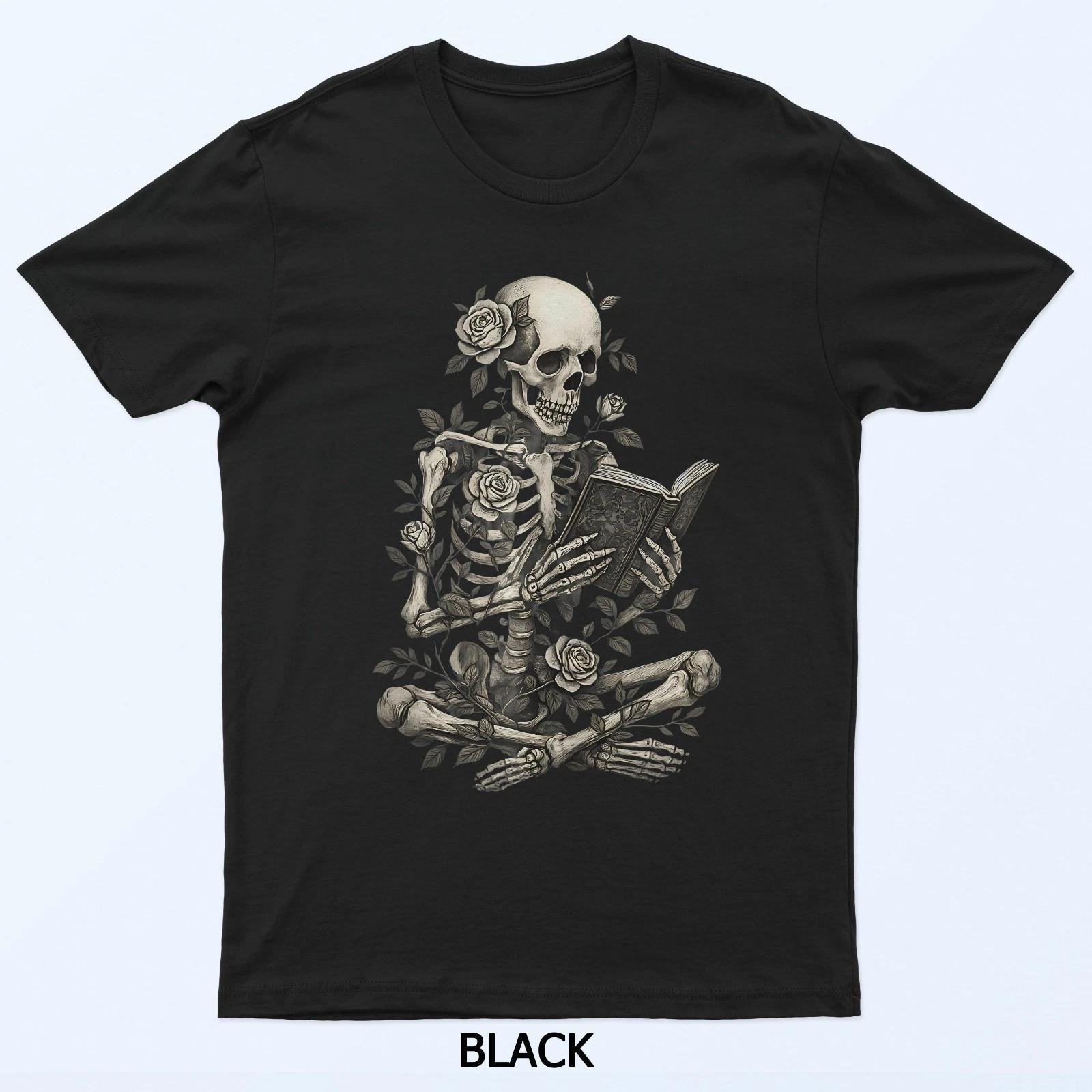 

HOT SALE Skeleton Reading Flowers Creepy Halloween Black T-Shirt Soft and Comfortable Round-neck Tee Streetwear Style 4XL