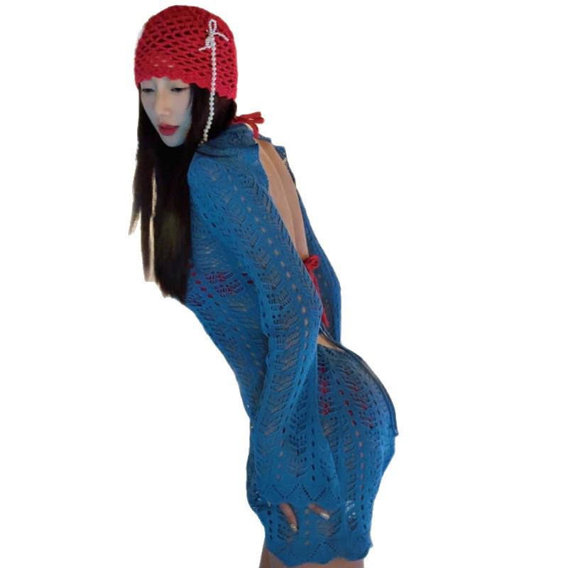 Women's Red & Blue Color Block Bikini Set with Knitted Skirt - Sexy Three-Piece Swimwear