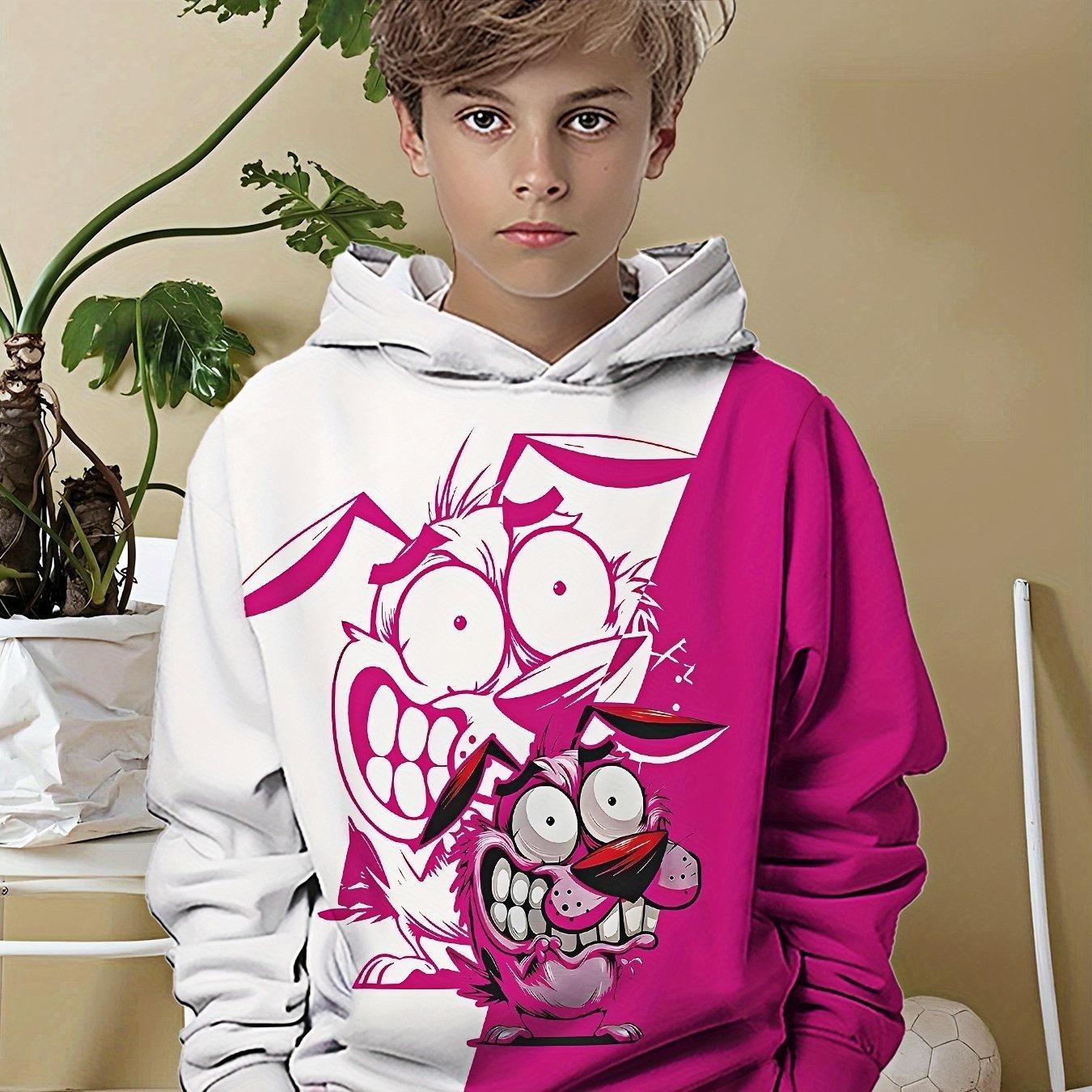 

Двухцветный худи для мальчиков с розово-белым мультяшным принтом животных, незаменимая вещь для повседневной носки весной и осенью. 13-14Y