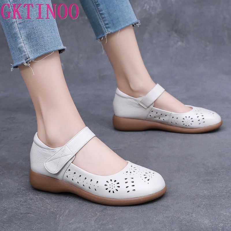 Fashion GKTINOO Genuine Leather Ladies Flats Summer Shoes Woman Plus Size Casual Loafers Hollow Round Toe Soft Comfort Sandals Female