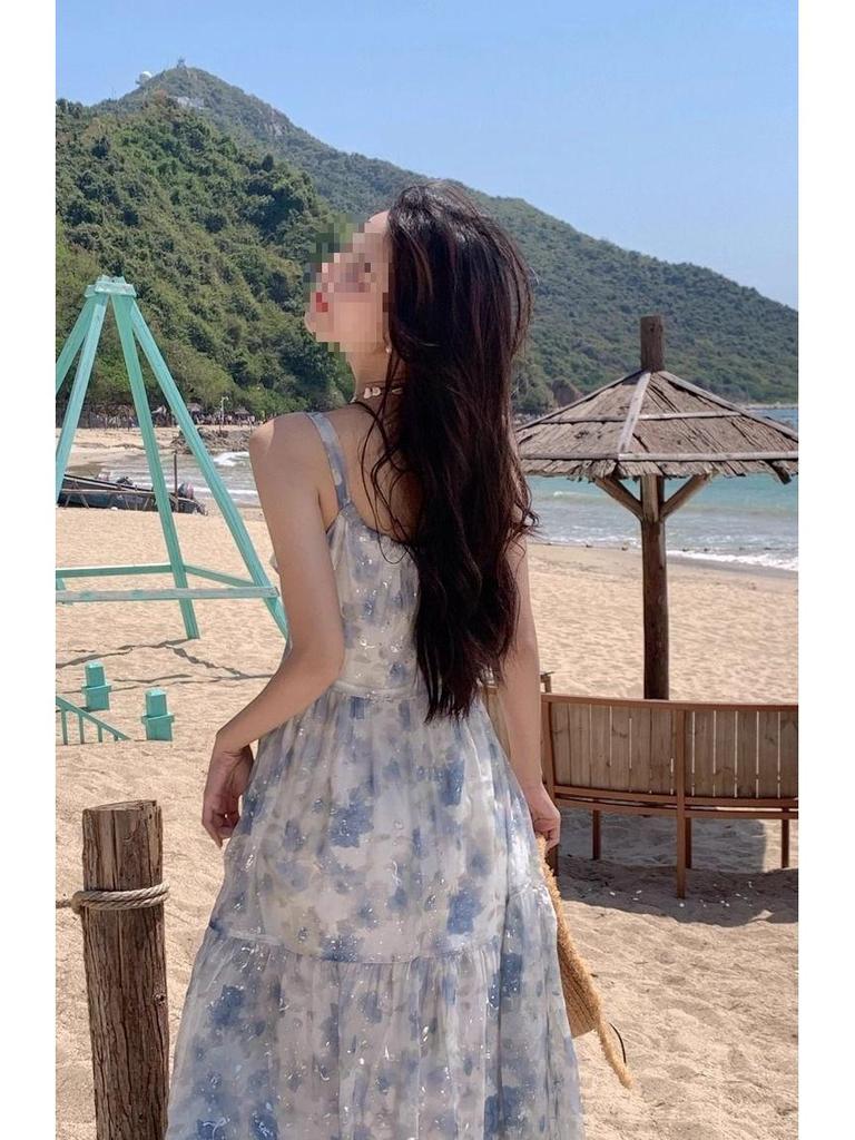 Elegant French Style Floral Spaghetti Strap Long Dress - Summer Slimming Resort Wear
