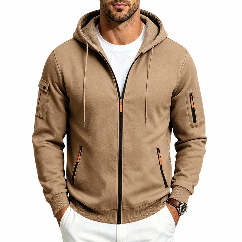 Men's Solid Zip‑Up Hooded Sweatshirt Casual Drawstring Hoodie Jacket Long Sleeve Arm Pocket Sports Outerwear for Male