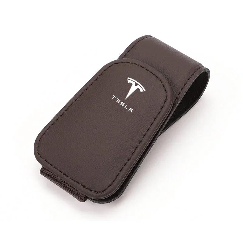 Car Sticker Tesla Leather Car Glasses Sun Visor Box Auto Sunglasses Clip Card For Tesla Model 3 Y S X Cybertruck Highland Coil J