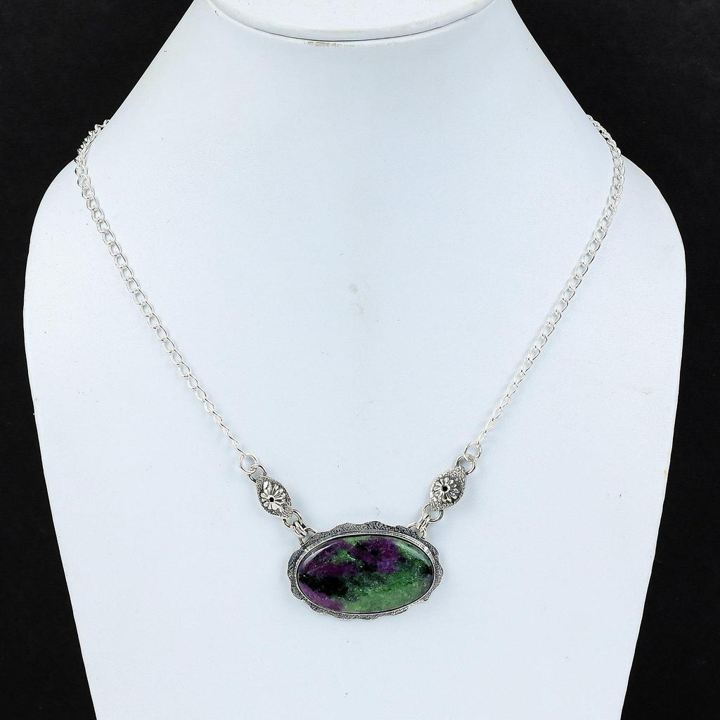 Natural Ruby Zoisite Gemstone Handmade 925 Sterling Silver Electroform Necklace, Ruby Zoisite Silver For Wife Unisex Pendant Easter Gifts