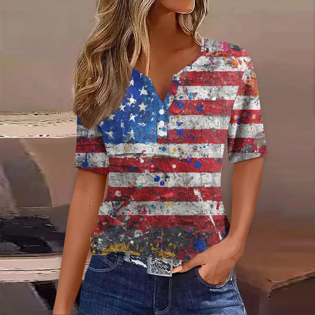 Women's T Shirt Tee Print Button Short Sleeve Daily Weekend Fashion Basic V- Neck Regular Top