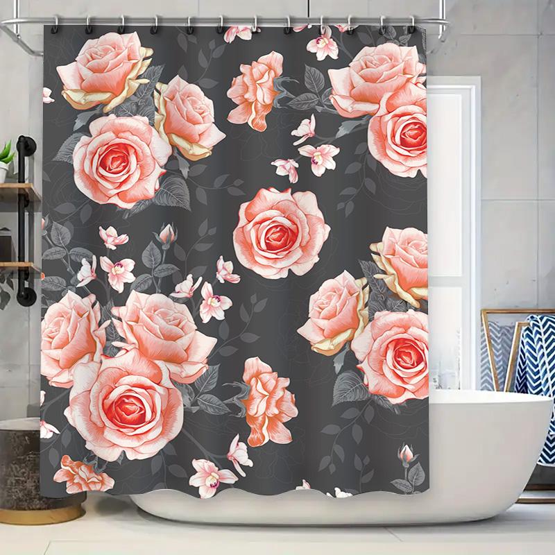

Vibrant Floral Shower Curtainpink Roses Grey Dark Fabric Bathroom Decor For Home, Kitchen, Office Or Travel Customize Size Avail W60H190(CM)-1 Pcs