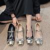 Retro Square Toe Chunky Heels Mary Jane Shoes 2024 Autumn New Color Matching Bow Chain Pumps Outdoor Dress Soft Ballet Shoes