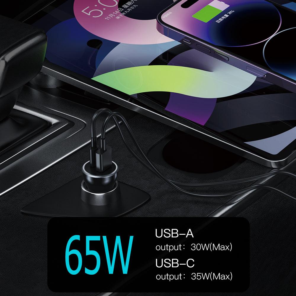 TOTU CC-5 Car Charger 65W Dual Port USB-C + USB-A Fast Charging Cigarette Lighter Adapter