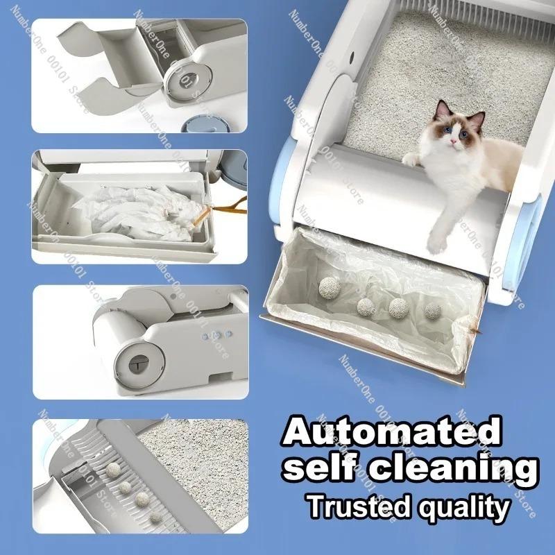 Smart Stainless Steel Base Cat Litter Box, Fully Automatic Open Litter Box with Wi-Fi Cleaning App, Self-Cleaning Cat Toilet
