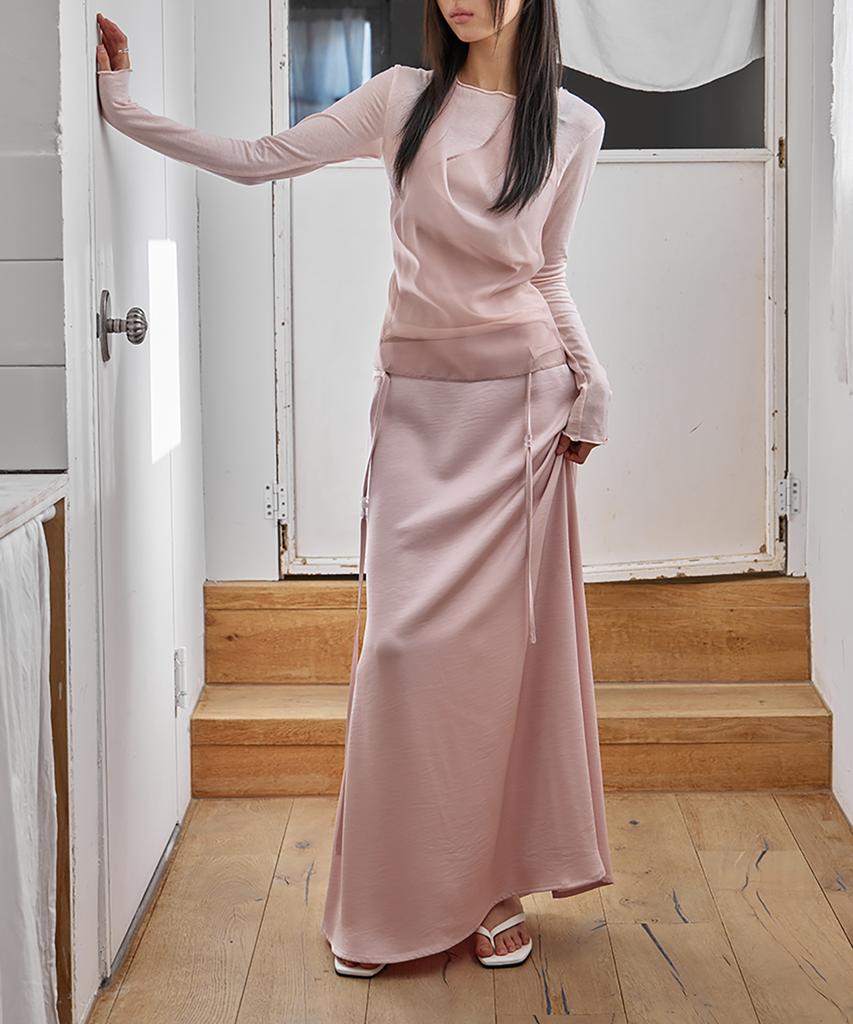 Leondeondada Glossy Satin Long Skirt, Soft Pink