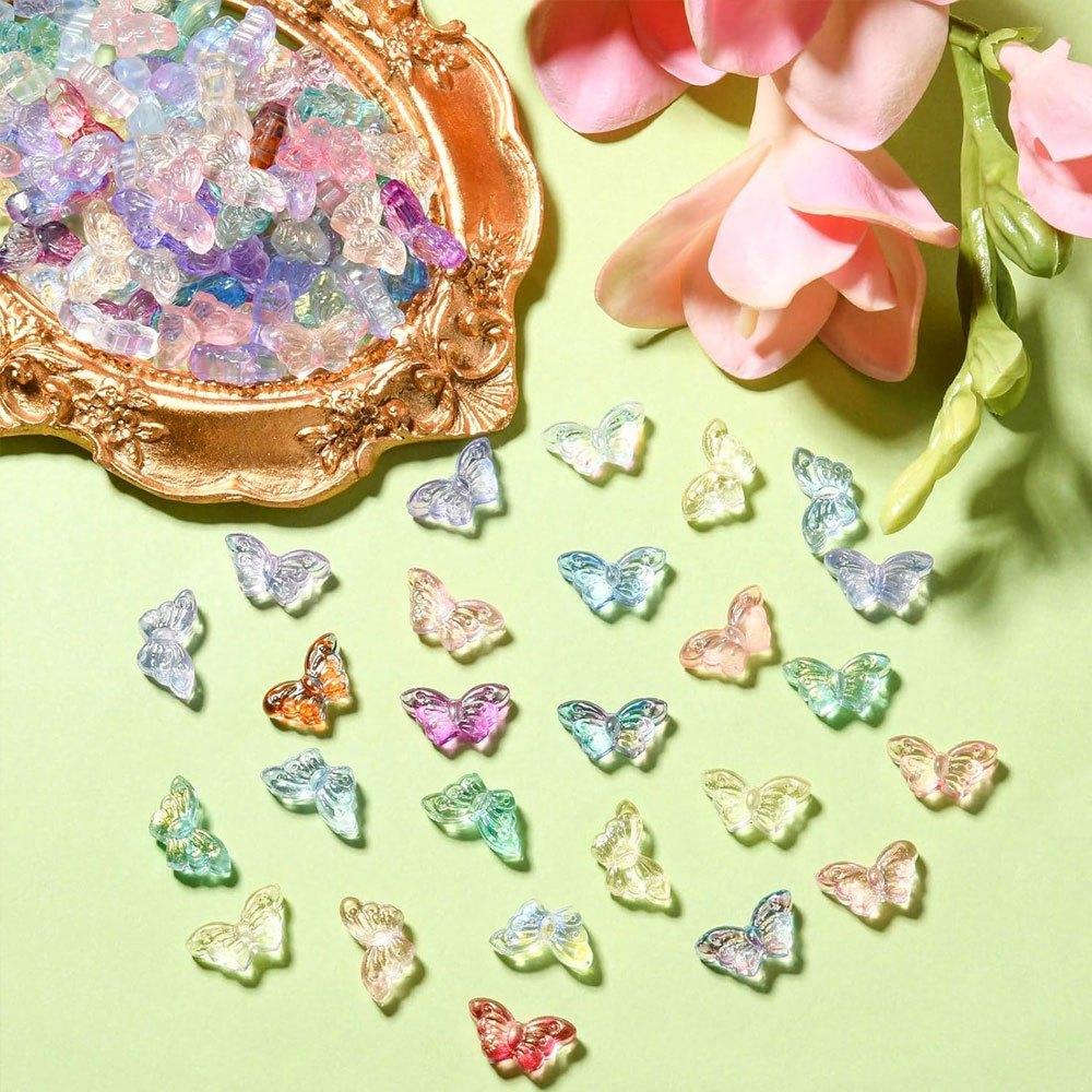 10/30/50pcs Random Mixed Transperent Glass Butterfly Beads Multicolor Clear Crystal Butterfly Beads for Jewelry Making Bracelets