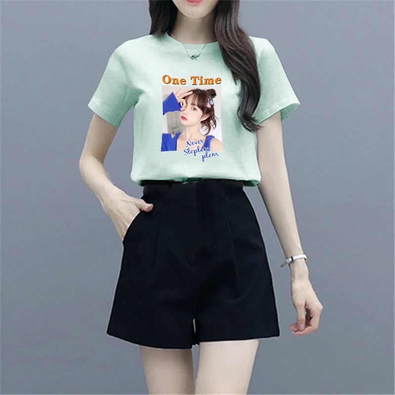 

Женский летний костюм с шортами, женская винтажная футболка с коротким рукавом и принтом, тонкие широкие черные шорты с высокой талией, повседневный комплект из двух предметов S