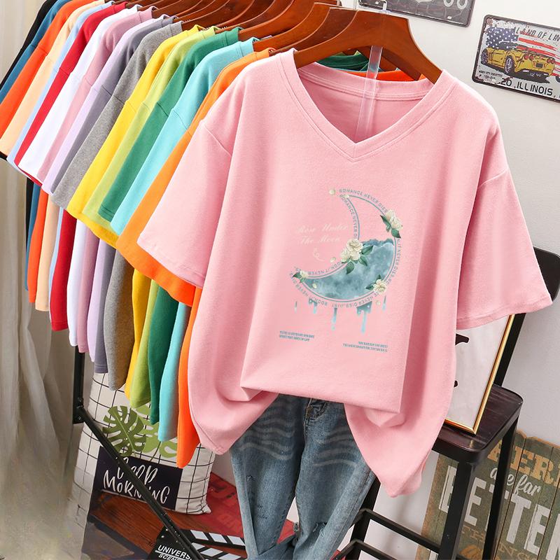 Camiseta de manga curta, Solta, Top V-neck Estampado Emagrecedor para Mulheres