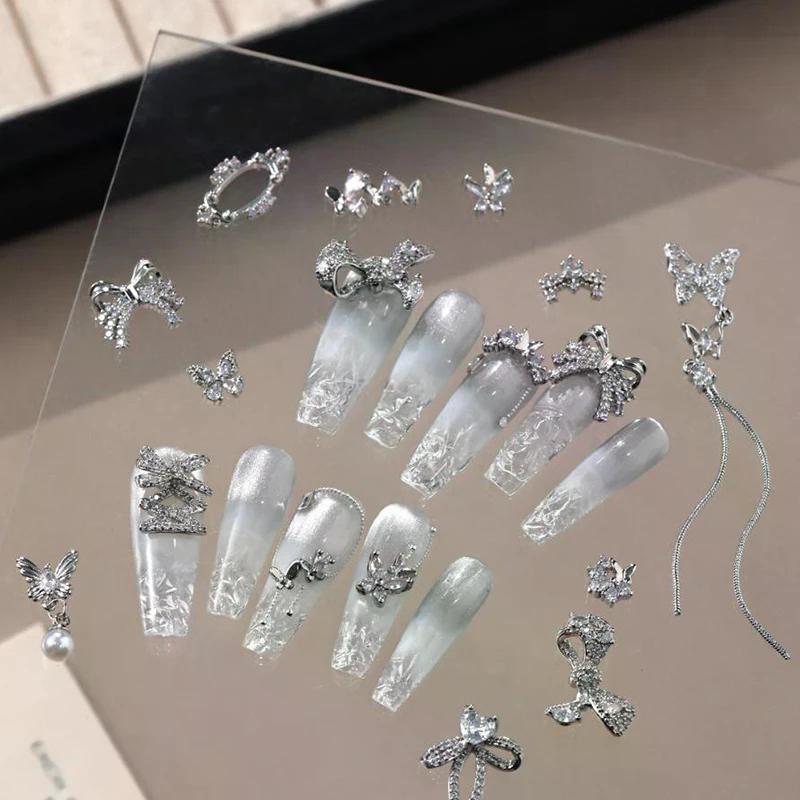 New Butterfly Zircon Rhinestone Nail Accessories Sparkling Rhinestone Bow Tie Chain Luxury French Nail Decoratio