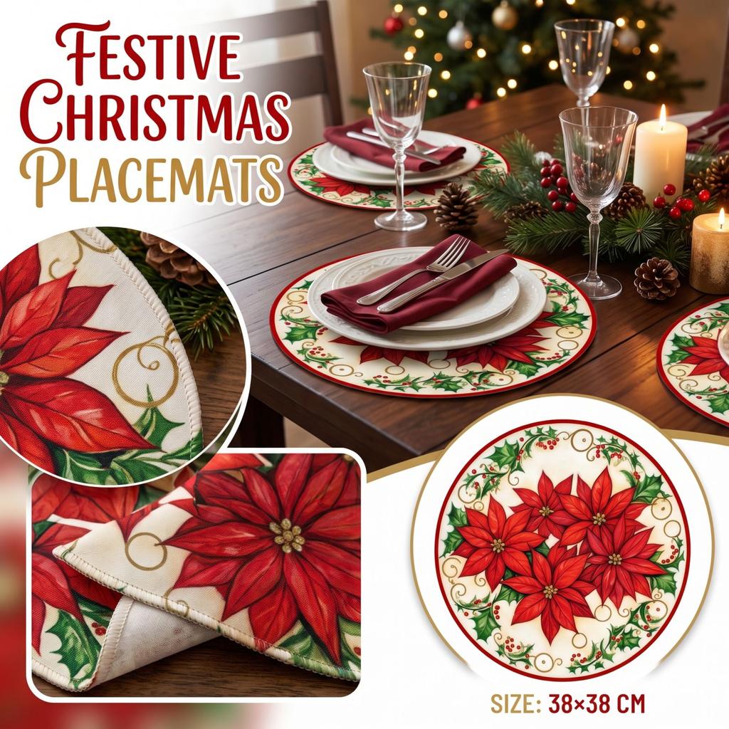 Set von 4 runden Weihnachtsplatzdeckchen, bedruckte Thermo-Tischsets für die Dekoration des Esszimmers