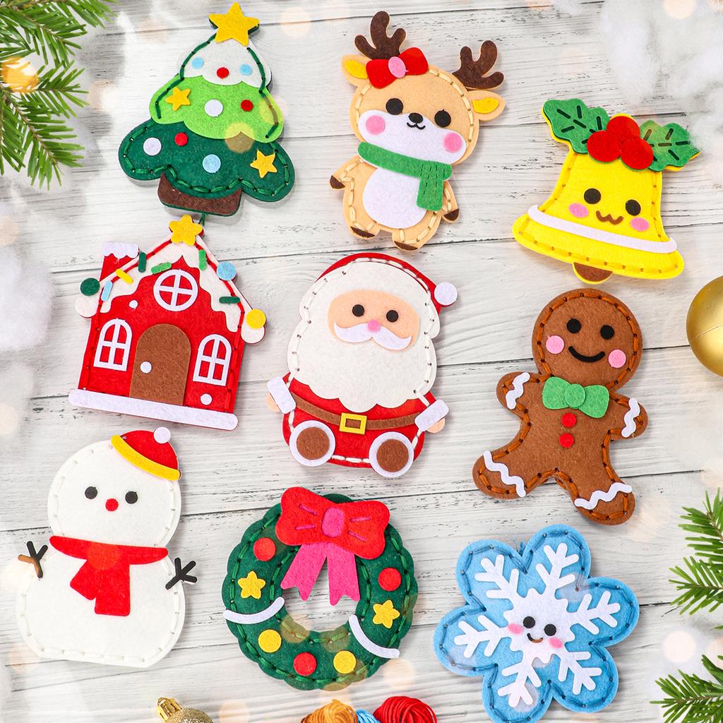 9-teiliges DIY Weihnachts-Nähmaterialpaket für Anfänger; einfach zu machende Weihnachtsbaumornamente, darunter Lebkuchenmann, Rentier