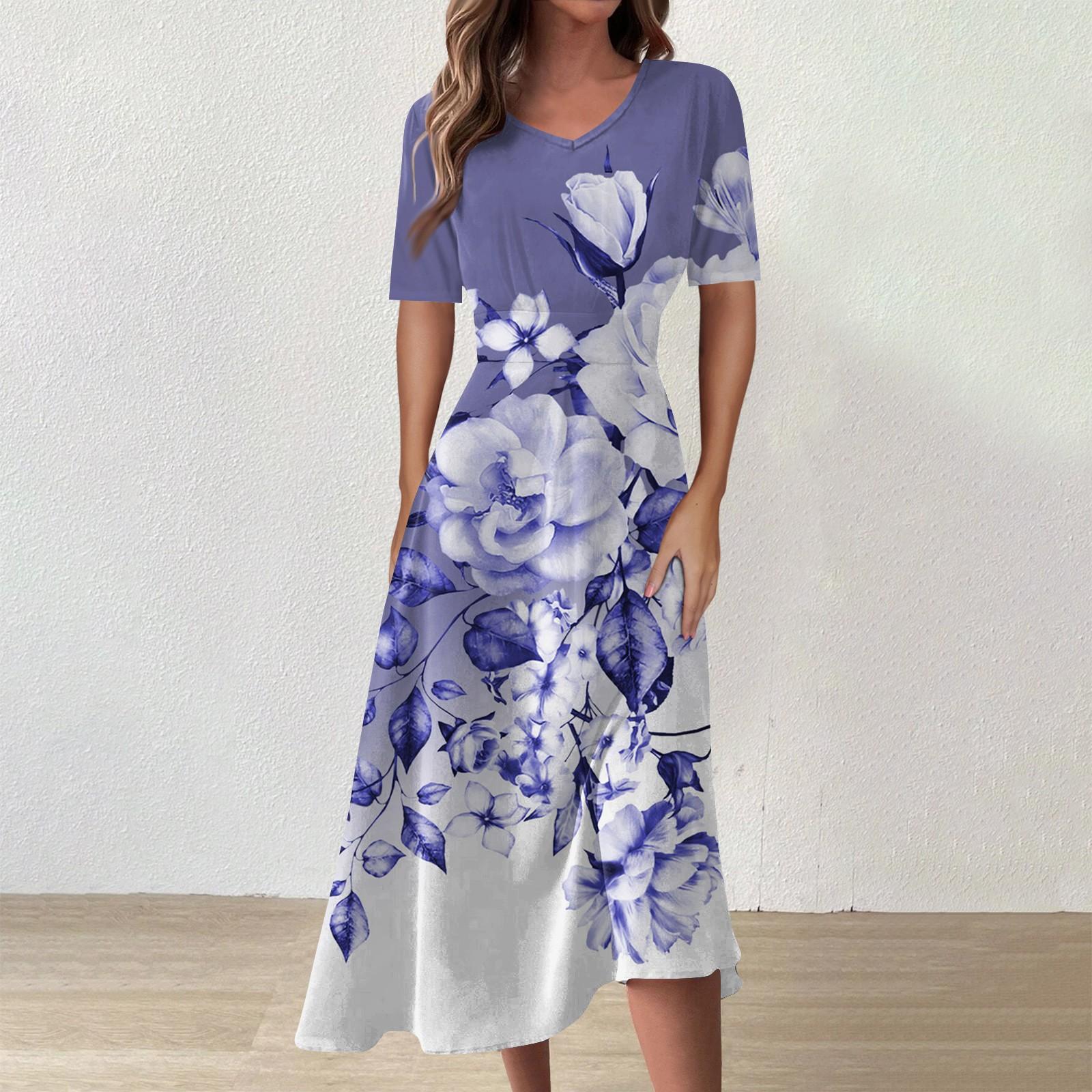 

Женское повседневное модное платье с цветным V-образным вырезом и коротким рукавом на талии, длинное свободное платье L синий