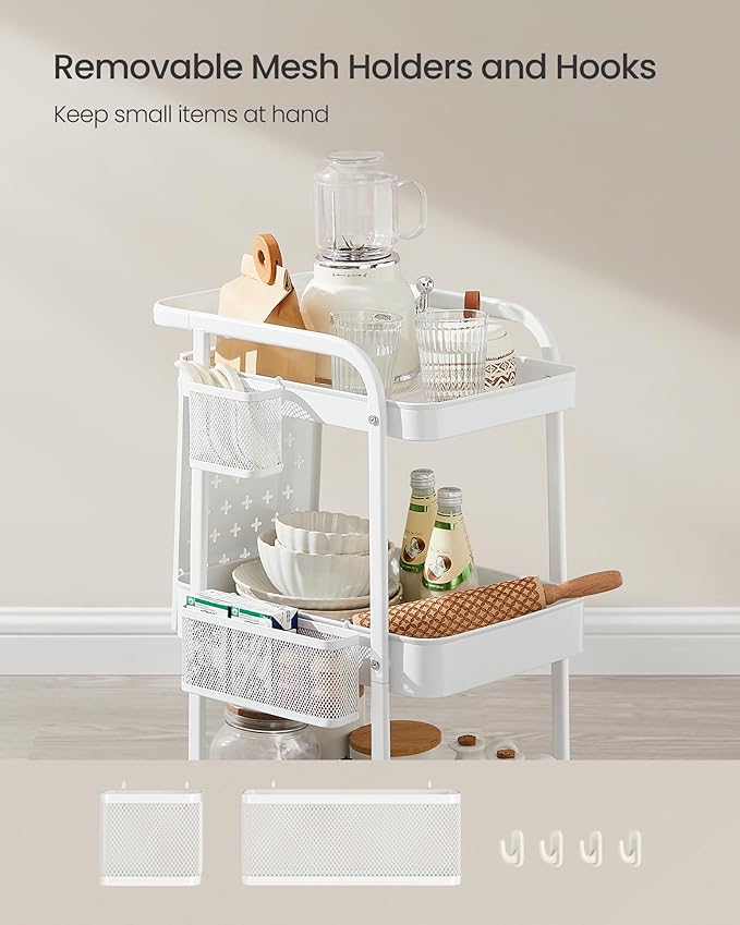 SONGMICS 3-Tier Storage Cart, Rolling Utility Cart, Metal Mesh Shelves, 2 Removable Pegboards, 2 Hanging Holders, 4 Hooks, Craft Cart for Living Room