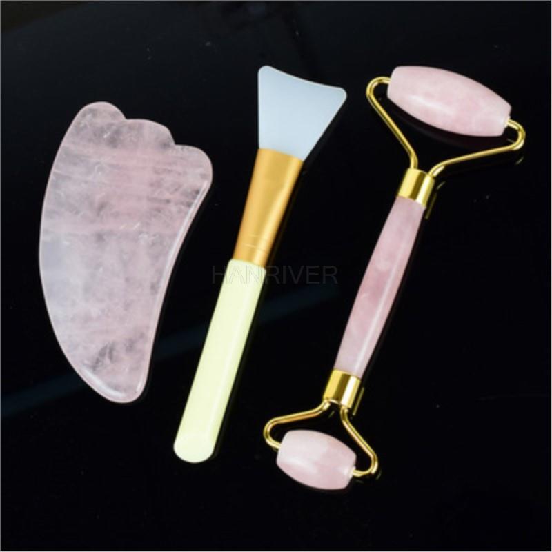 Pink crystal jade roller, facial mask brush set, facial massager, facial beauty powder crystal scraping board, heart-shaped