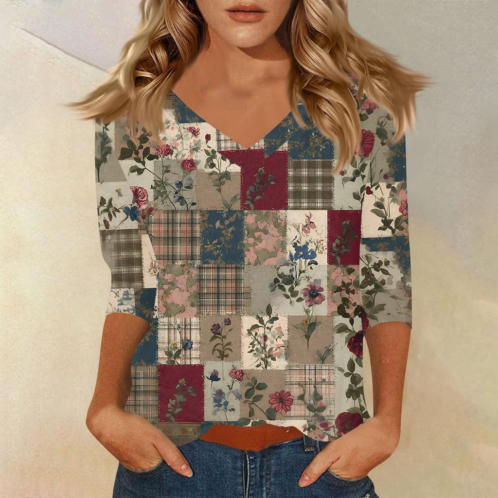 Women's T Shirt Print 3/4 Sleeve Daily Weekend Fashion Basic V- Neck Regular Top