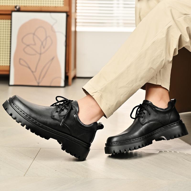 Derby shoes men's 2025 autumn and winter new leather formal business shoes men's platform height increase black versatile wedding leather shoes
