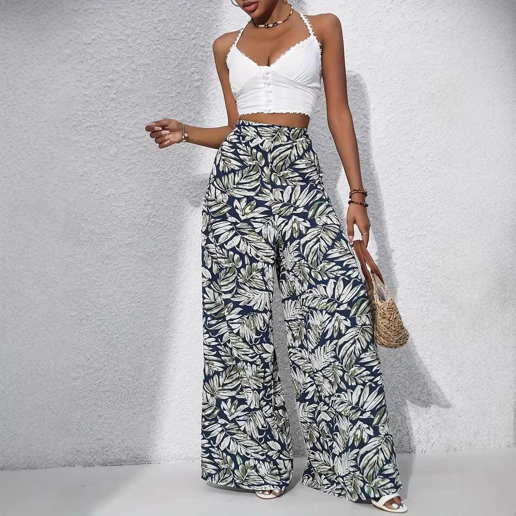 women's High Waist Leaf Printed Casual Wide Leg Pants Vacation Beach Trousers Bottoms